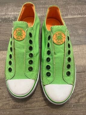 Ed Hardy Kids Slip-On Canvas Sneakers in Neon Green with Orange Accents